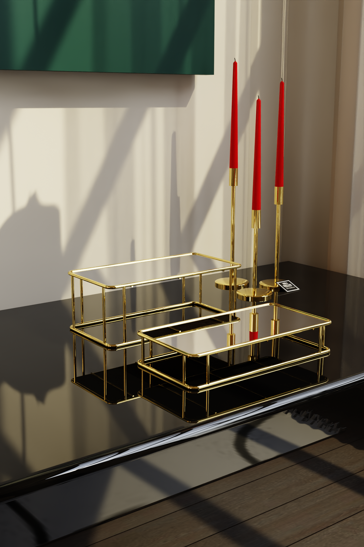 Set 2 Suporturi Premium pentru Candy Bar, Metal Auriu și Oglindă, 35x15 cm (H: 9/4 cm) – MBA Decor