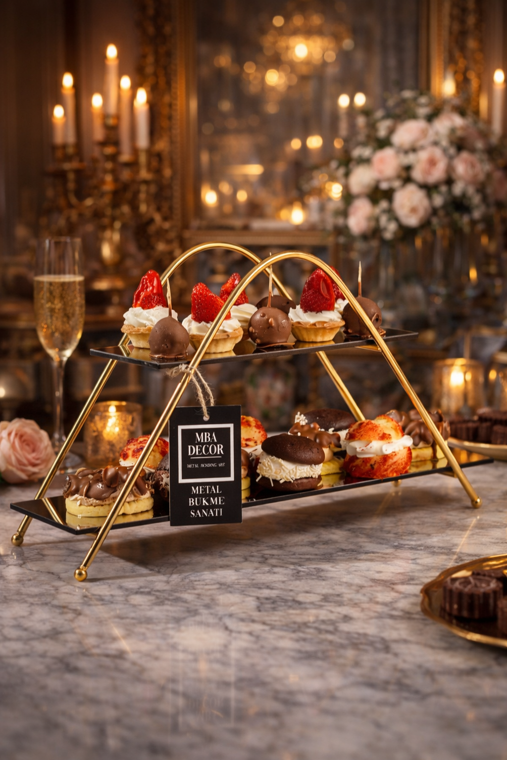 Suport Etajat Triunghiular Premium pentru Candy Bar, Metal Auriu și Oglindă Neagră, 30x26cm – MBA Decor