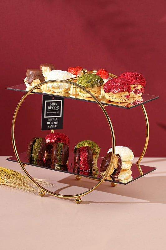 Suport Etajat Rotund Premium pentru Candy Bar, Metal Auriu și Oglindă Neagră, 30x26cm – MBA Decor