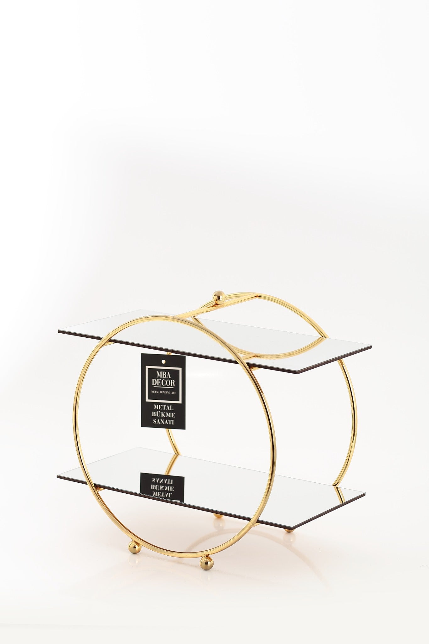 Suport Etajat Rotund Premium pentru Candy Bar, Metal Auriu și Oglindă Neagră, 30x26cm – MBA Decor