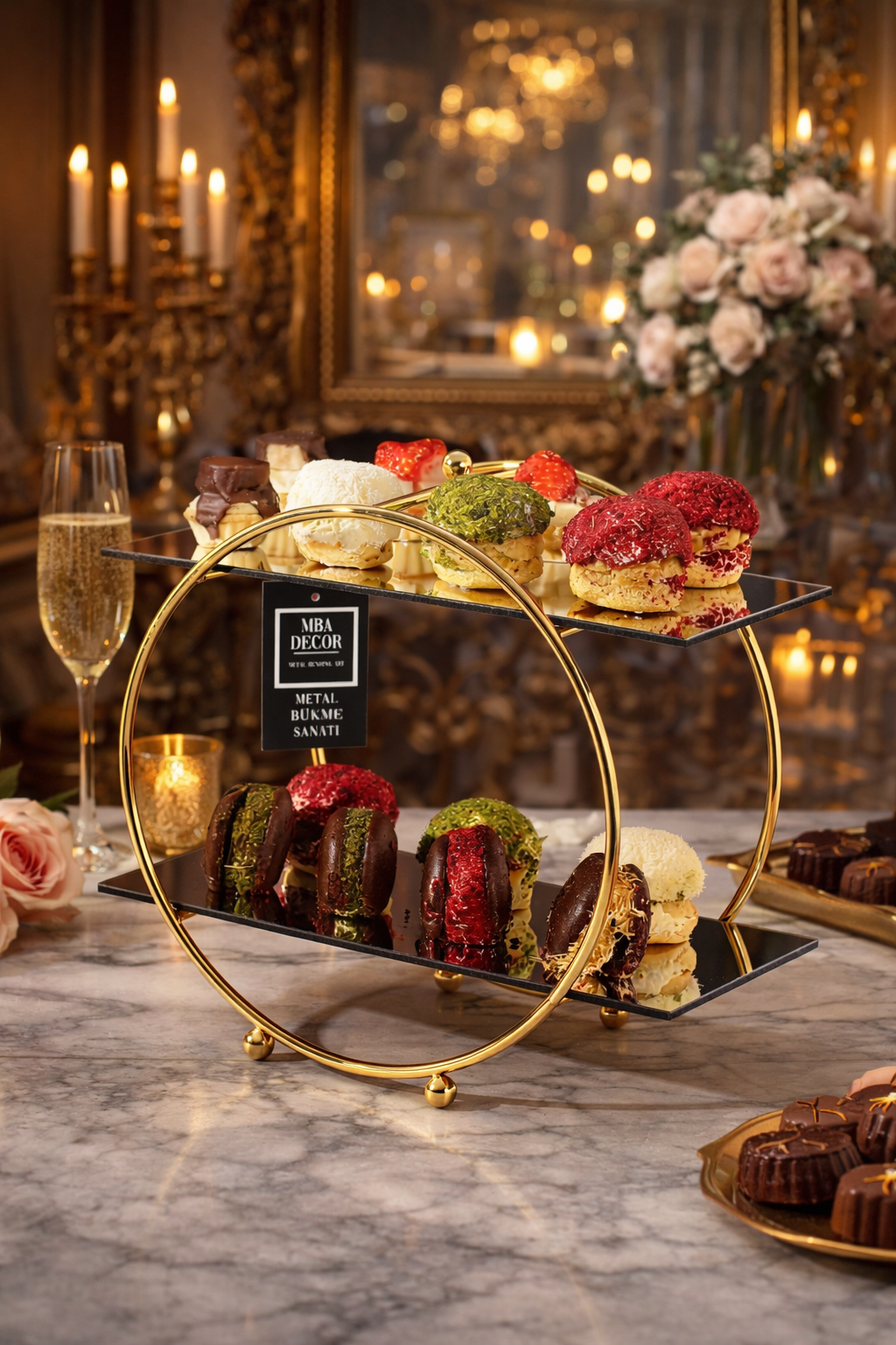 Suport Etajat Rotund Premium pentru Candy Bar, Metal Auriu și Oglindă Neagră, 30x26cm – MBA Decor
