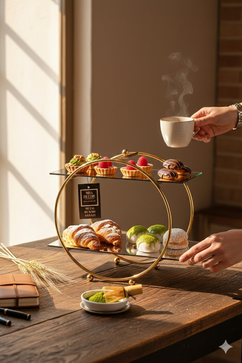 Suport Etajat Rotund Premium pentru Candy Bar, Metal Auriu și Oglindă Neagră, 30x26cm – MBA Decor