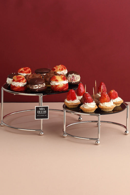 Set 2 Platouri Etajate pentru Candy Bar si Servire, Model Zigon, Metal Argintiu si Plexiglas Negru, 24-20 cm – MBA Decor