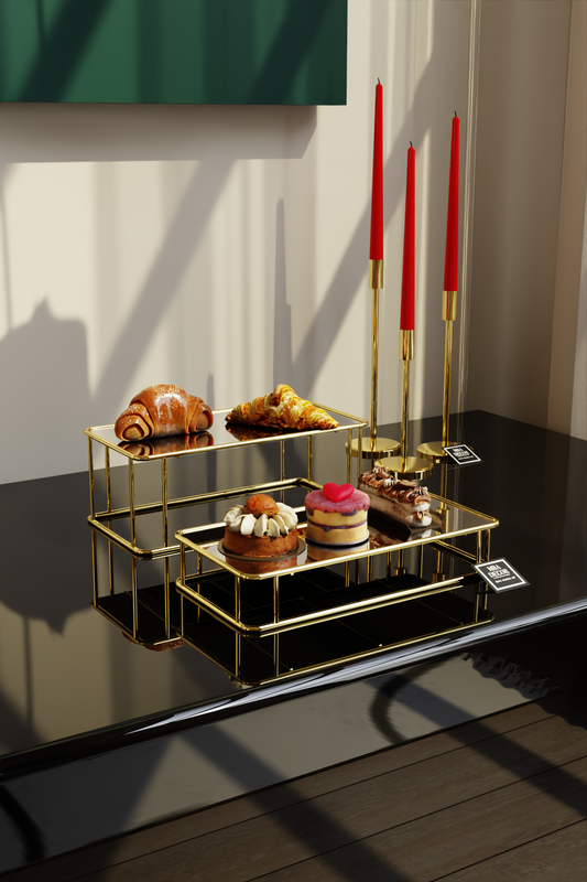Set 2 Suporturi Premium pentru Candy Bar, Metal Auriu și Oglindă, 35x15 cm (H: 9/4 cm) – MBA Decor
