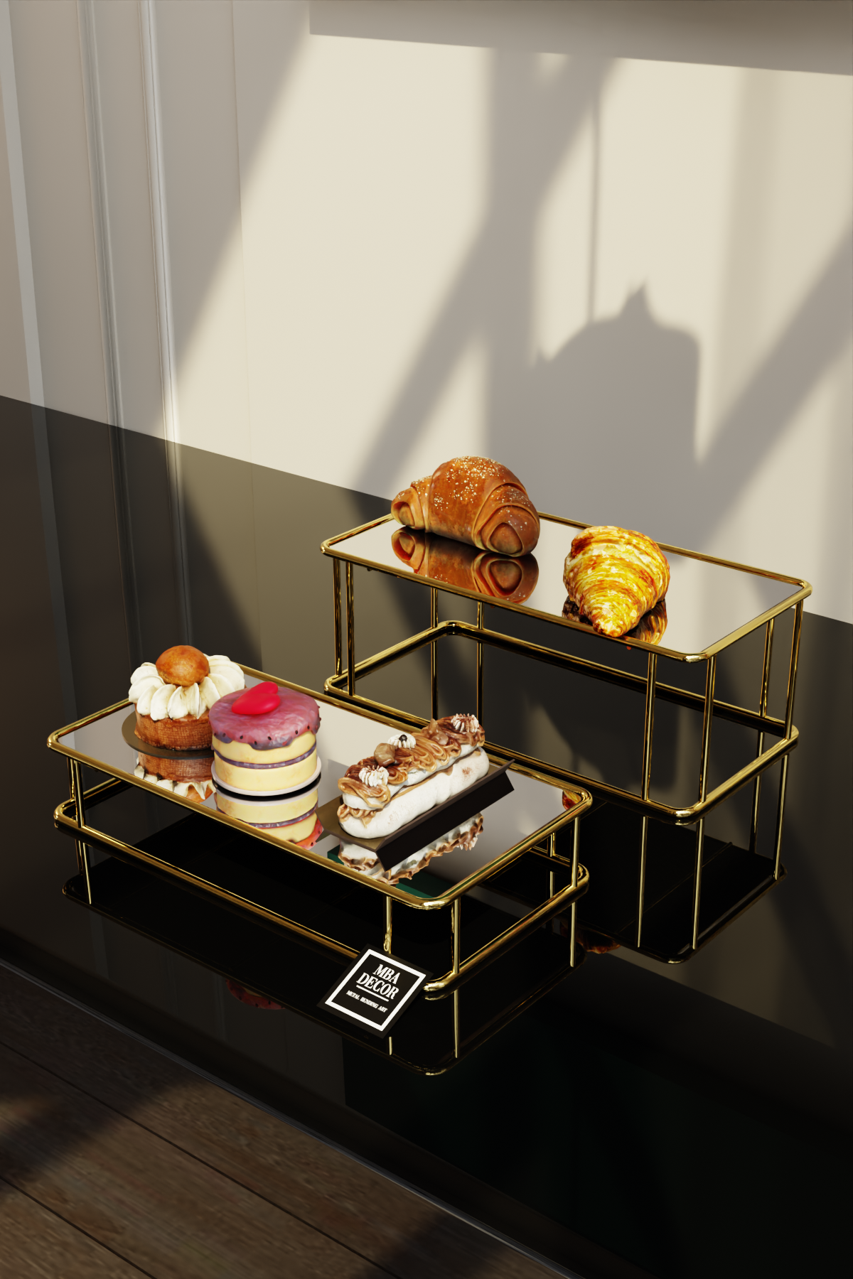 Set 2 Suporturi Premium pentru Candy Bar, Metal Auriu și Oglindă, 35x15 cm (H: 9/4 cm) – MBA Decor
