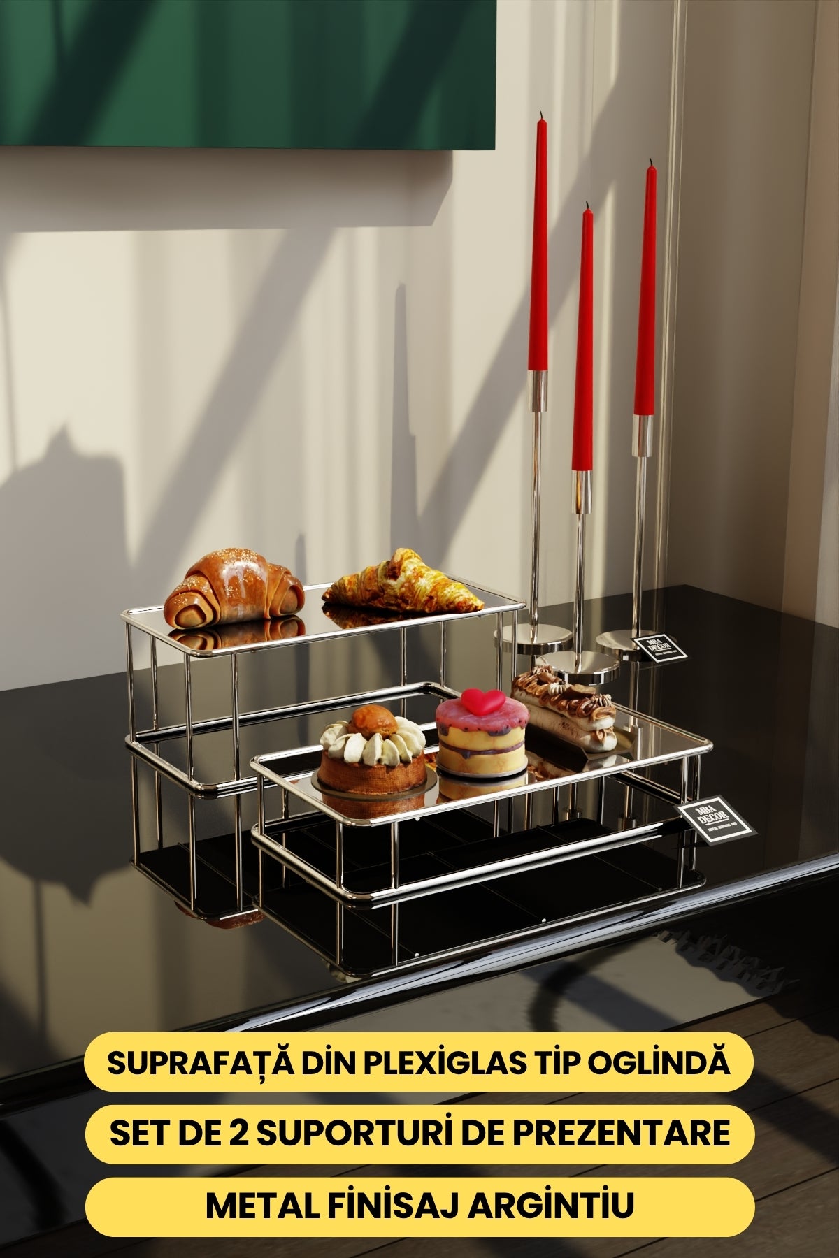 Set 2 Suporturi Candy Bar Premium, Metal Argintiu și Oglindă, 35x15 cm – MBA Decor