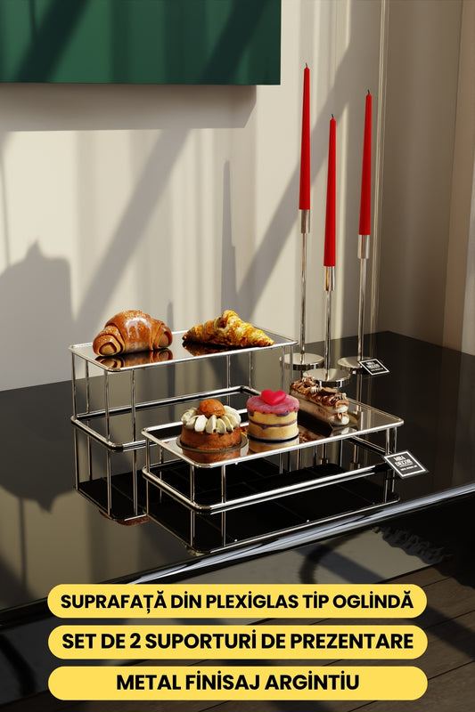 Set 2 Suporturi Candy Bar Premium, Metal Argintiu și Oglindă, 35x15 cm – MBA Decor