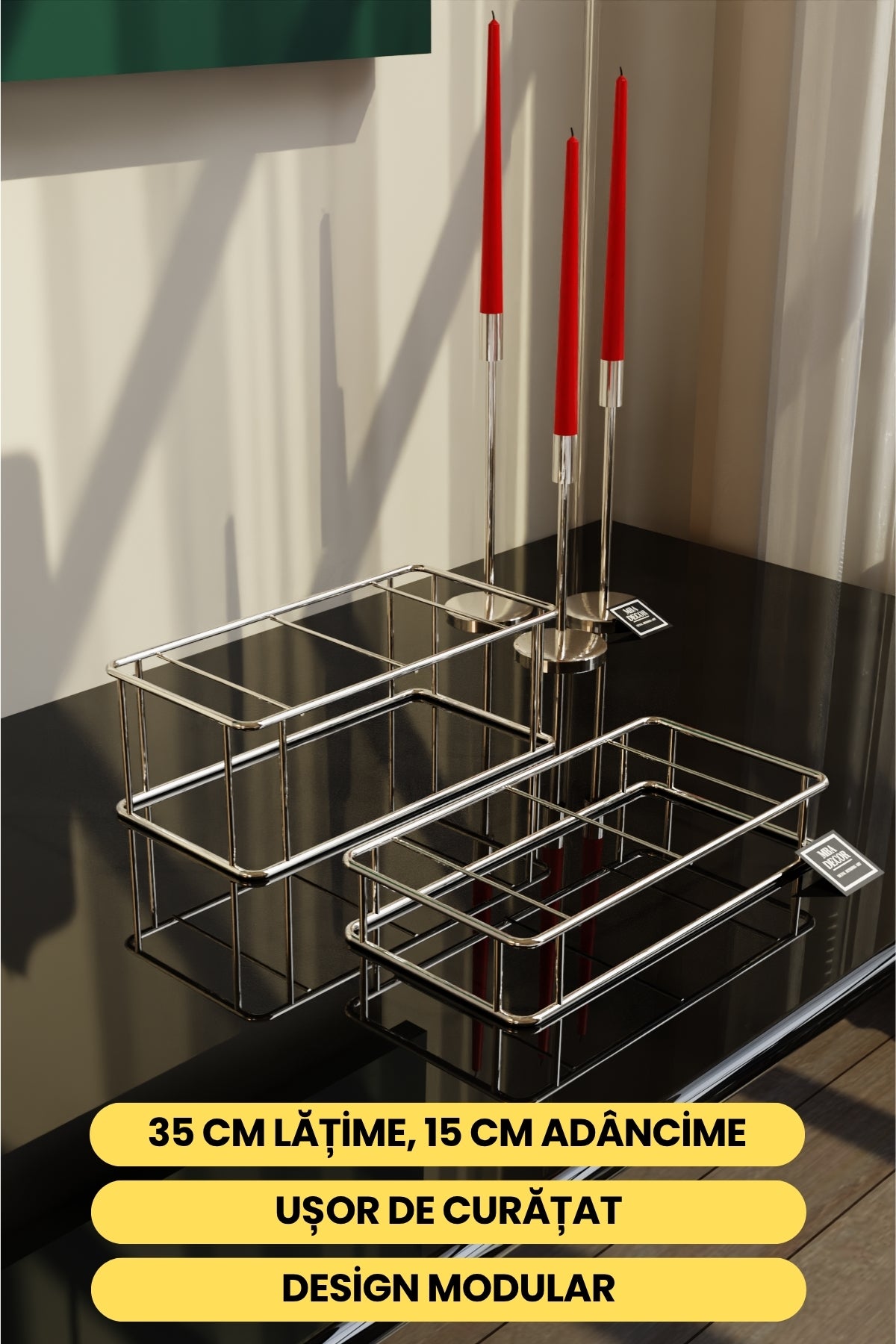 Set 2 Suporturi Candy Bar Premium, Metal Argintiu și Oglindă, 35x15 cm – MBA Decor