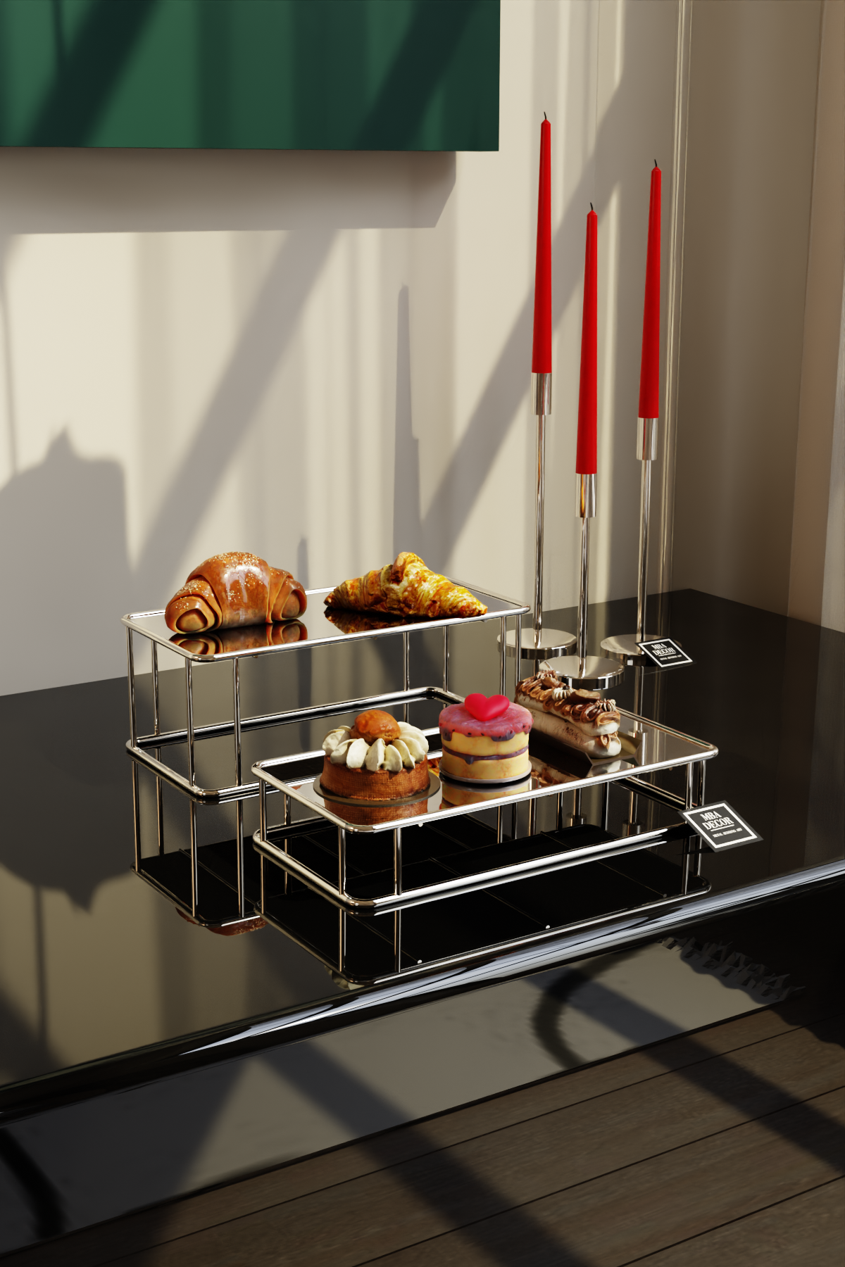 Set 2 Suporturi Candy Bar Premium, Metal Argintiu și Oglindă, 35x15 cm – MBA Decor