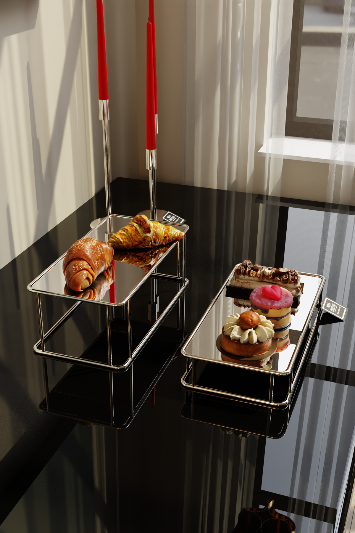 Set 2 Suporturi Candy Bar Premium, Metal Argintiu și Oglindă, 35x15 cm – MBA Decor