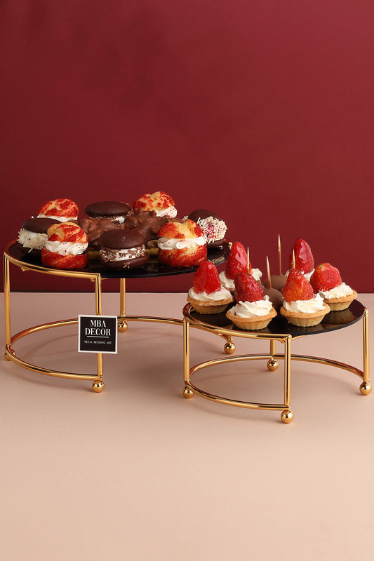 Set 2 Platouri (Suporturi) Etajate pentru Candy Bar si Servire, Model Zigon, Metal Auriu si Plexiglas Negru, 24-20cm – MBA Decor