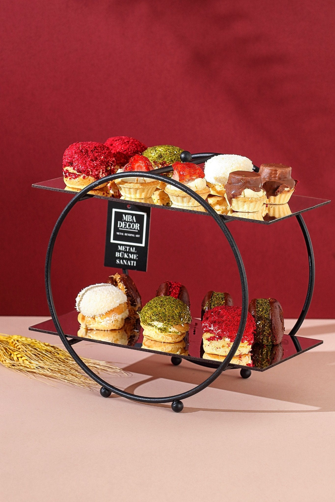 Suport Etajat Rotund Candy Bar, Metal Negru și Oglindă, 30x26 cm – MBA Decor