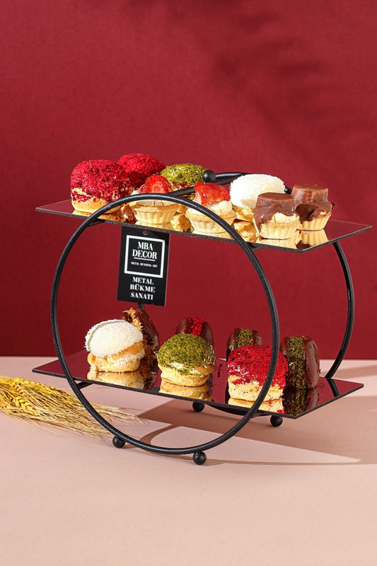 Suport Etajat Rotund Candy Bar, Metal Negru și Oglindă, 30x26 cm – MBA Decor