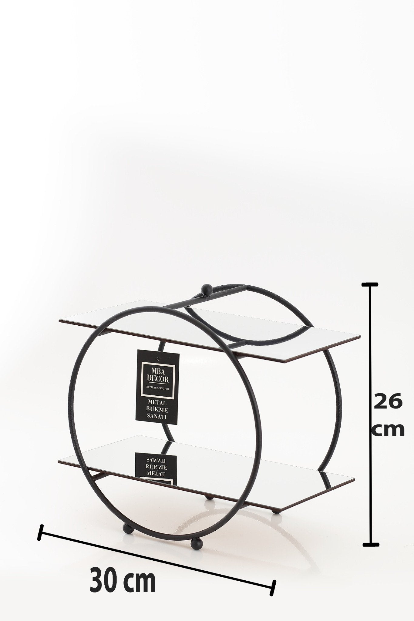 Suport Etajat Rotund Candy Bar, Metal Negru și Oglindă, 30x26 cm – MBA Decor