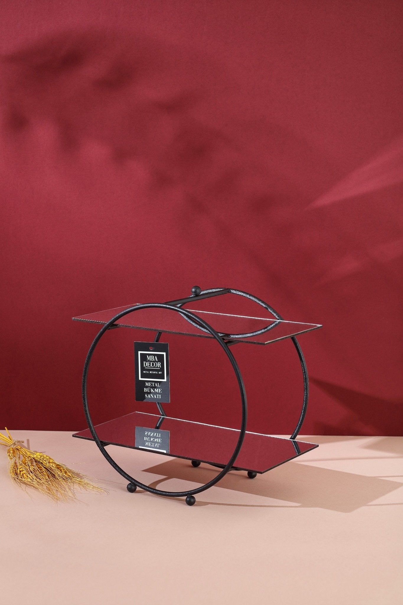 Suport Etajat Rotund Candy Bar, Metal Negru și Oglindă, 30x26 cm – MBA Decor