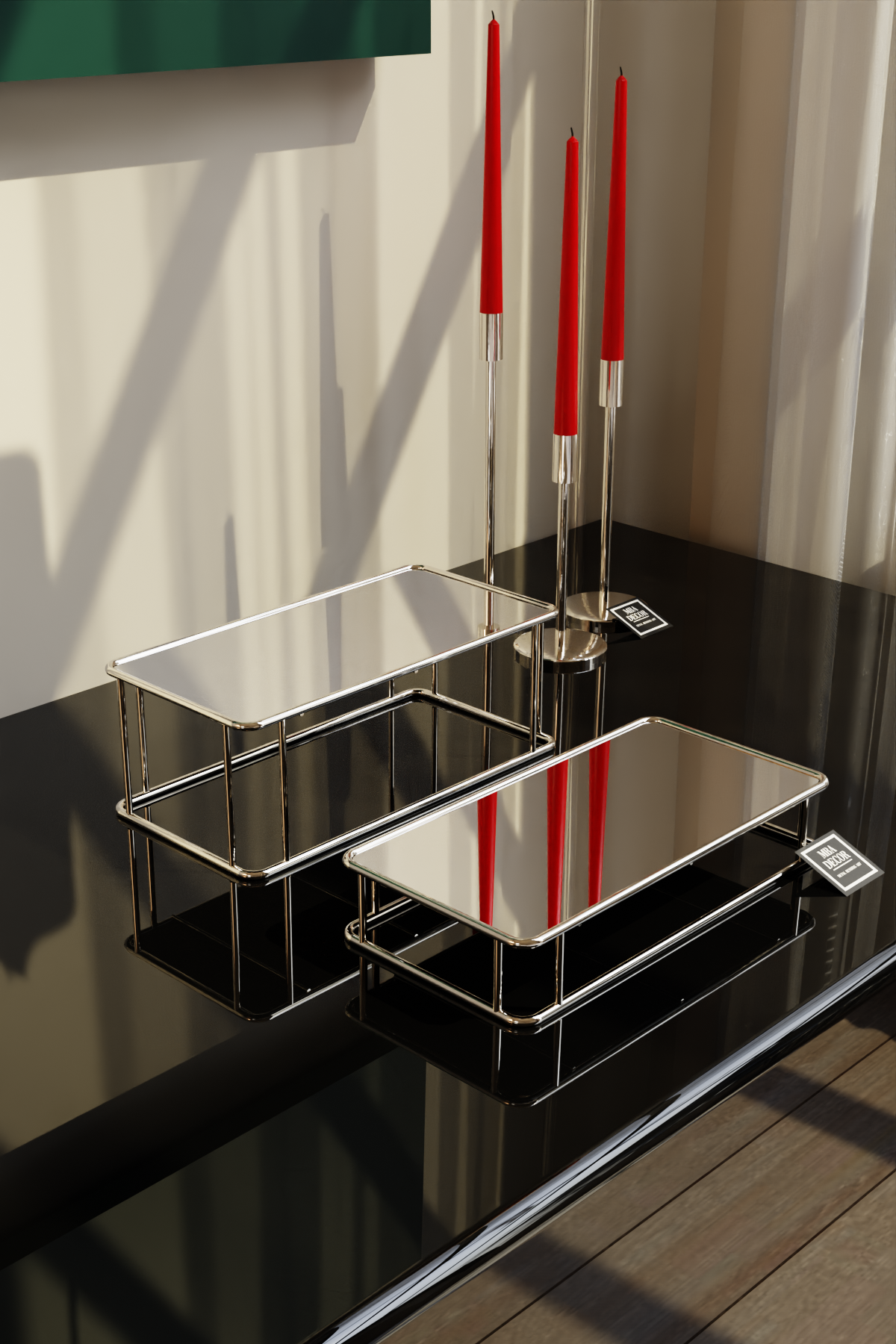 Set 2 Suporturi Candy Bar Premium, Metal Argintiu și Oglindă, 35x15 cm – MBA Decor