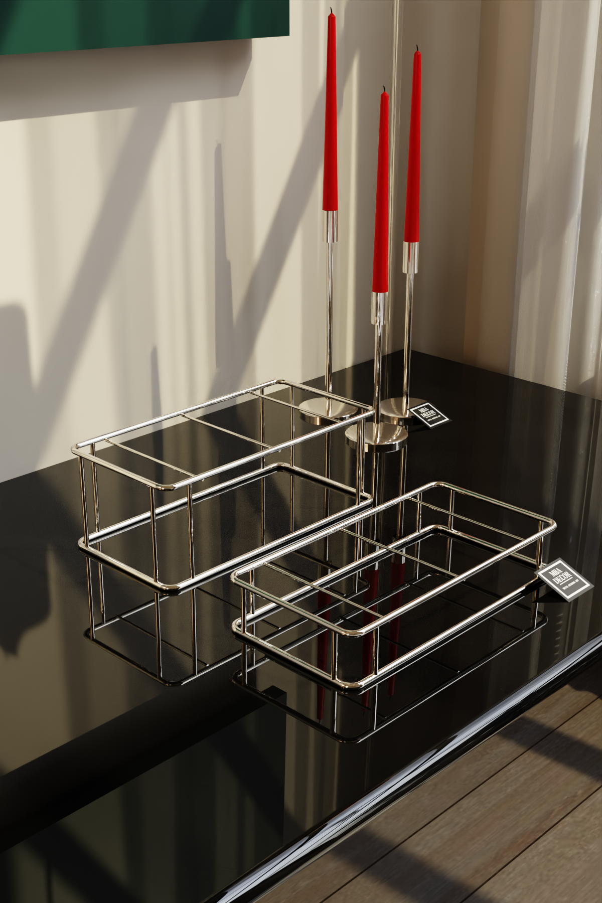 Set 2 Suporturi Candy Bar Premium, Metal Argintiu și Oglindă, 35x15 cm – MBA Decor